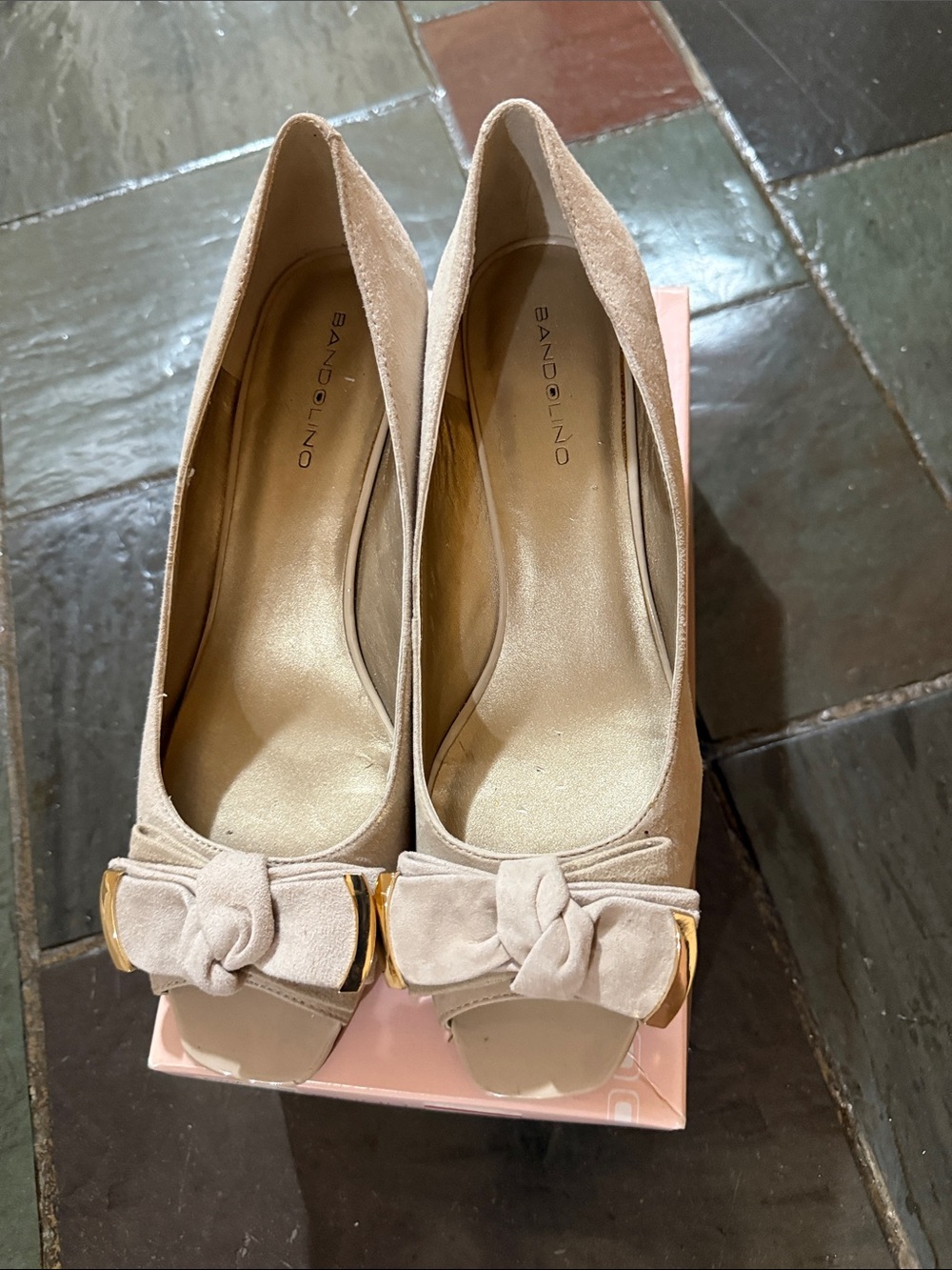 Bandolino Nude/Taupe Suede Bow Peep-Toe Pumps with Gold Accent